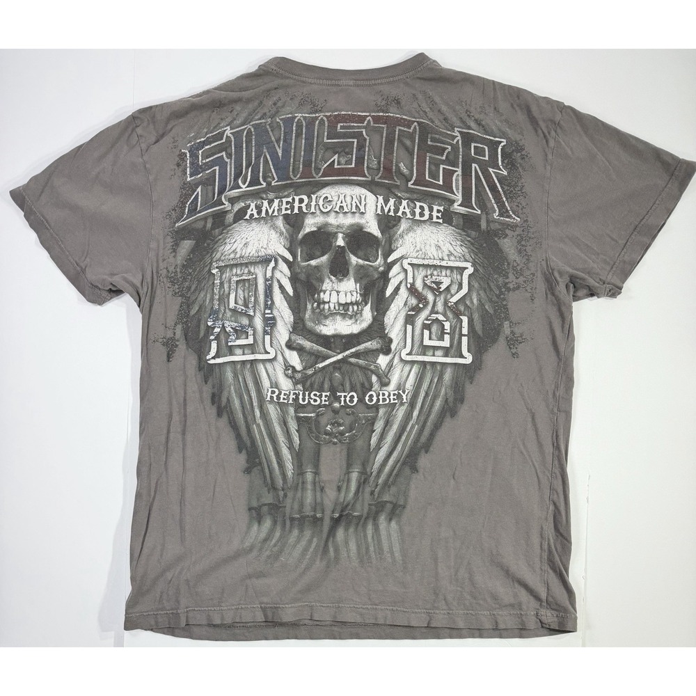 Sinister Brand Skull Wings T Shirt Mens XL Gray Biker MMA Graphic Tee